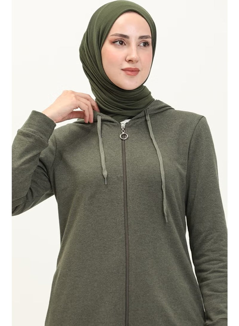 Sefa Merve عباءة رياضية بغطاء رأس وجيب 3011-02 كاكي - Image 3